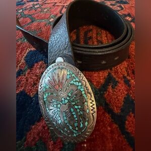 Authentic Vintage turquoise and coral Inlay Sterling Silver Buckle with belt